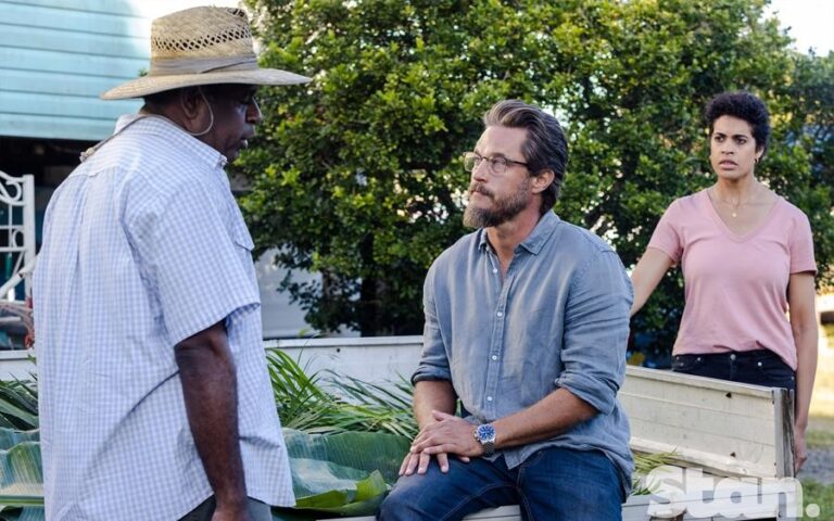 L to R: Joe (Jimi Bani), Cormack (Travis Fimmel) and Hazel (Jemmason Power)