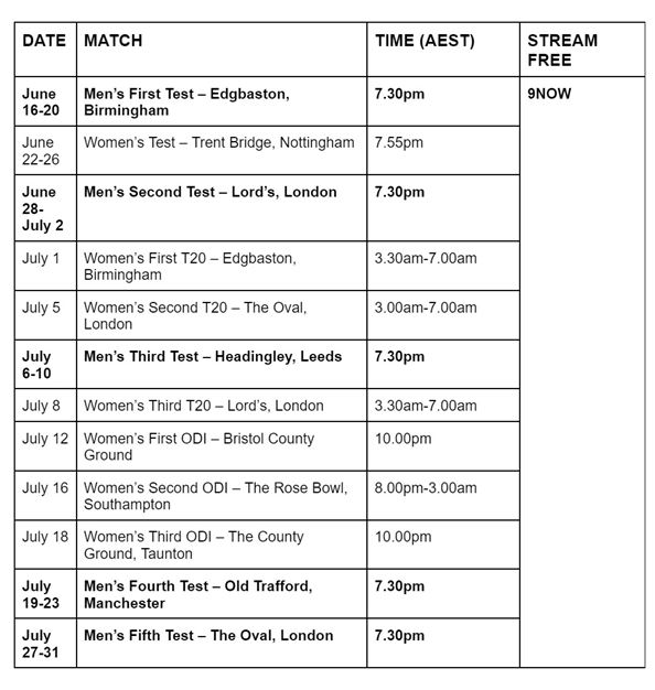 The Ashes on Channel 9 broadcast schedule