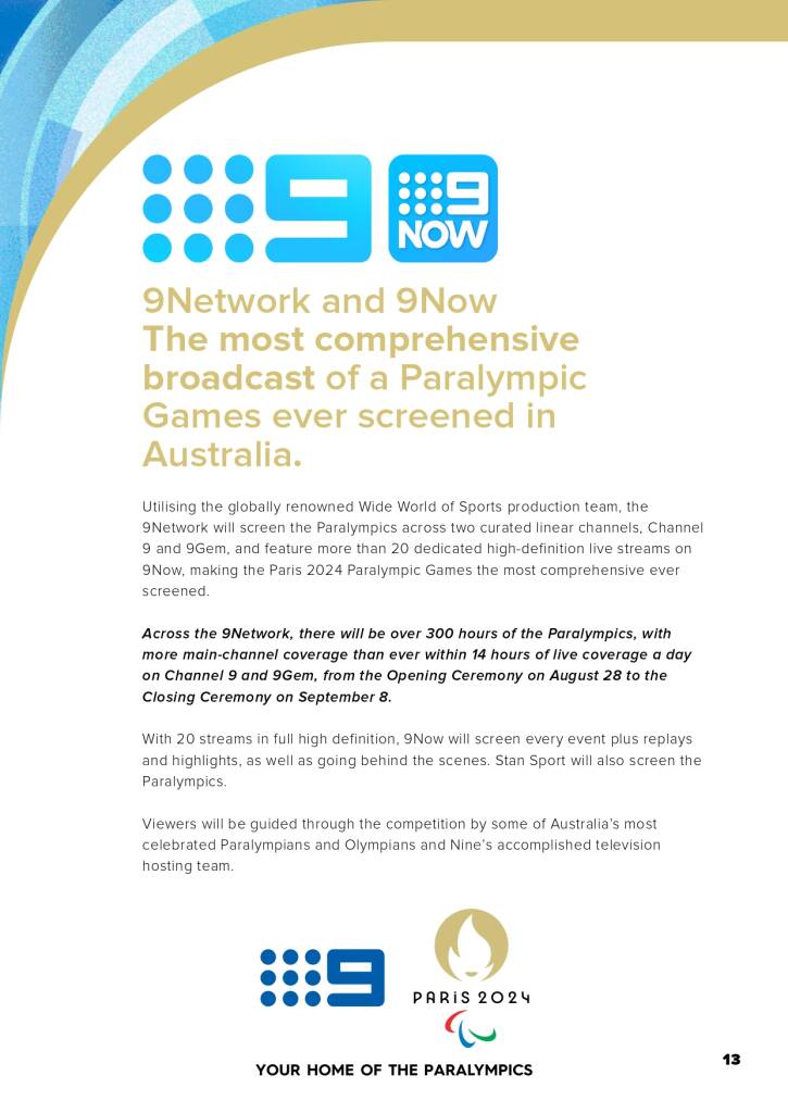 9Network announces world class Paralympic games coverage line-up for Paris 2024