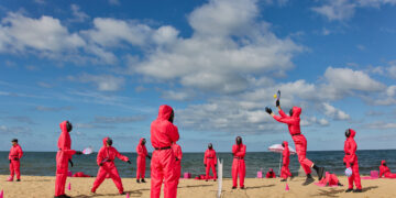 Squid Game Global Domination - 200 Pink Guards Takeover St Kilda Beach