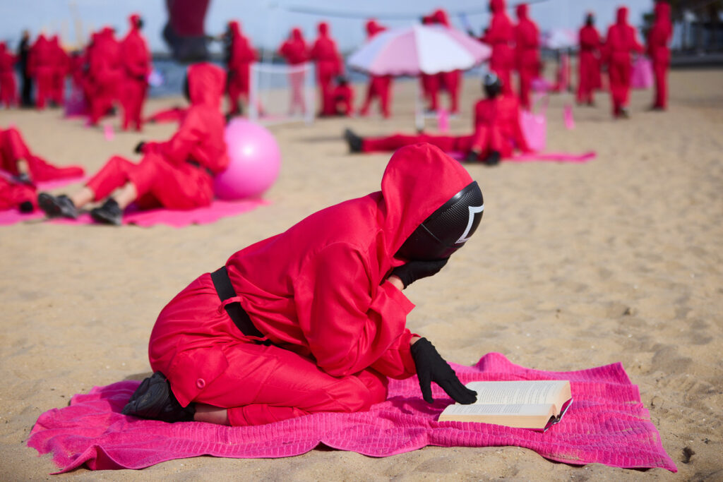 Squid Game Global Domination - 200 Pink Guards Takeover St Kilda Beach