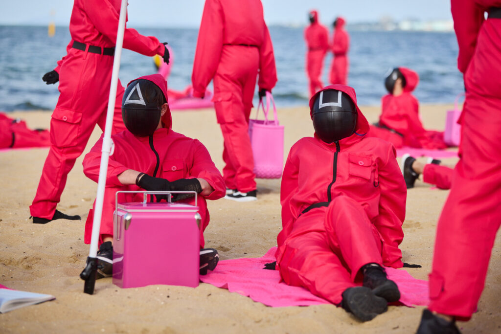 Squid Game Global Domination - 200 Pink Guards Takeover St Kilda Beach