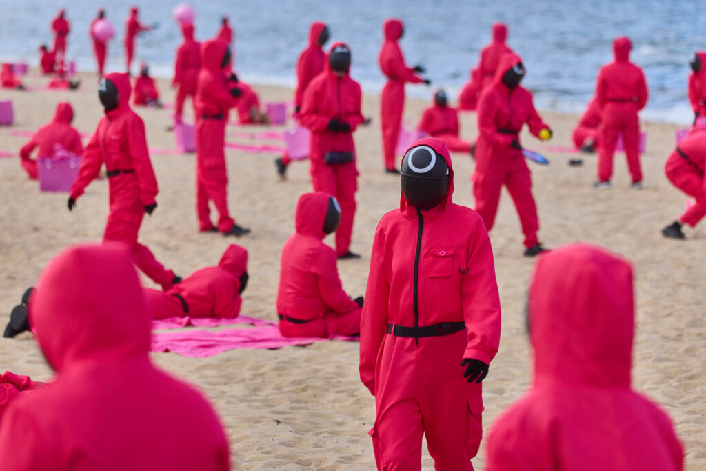 Squid Game Global Domination - 200 Pink Guards Takeover St Kilda Beach
