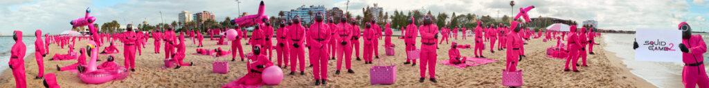 Squid Game Global Domination - 200 Pink Guards Takeover St Kilda Beach