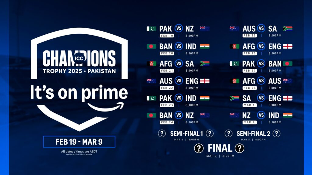 ICC Champions Trophy 2025 live and exclusive on Prime Video