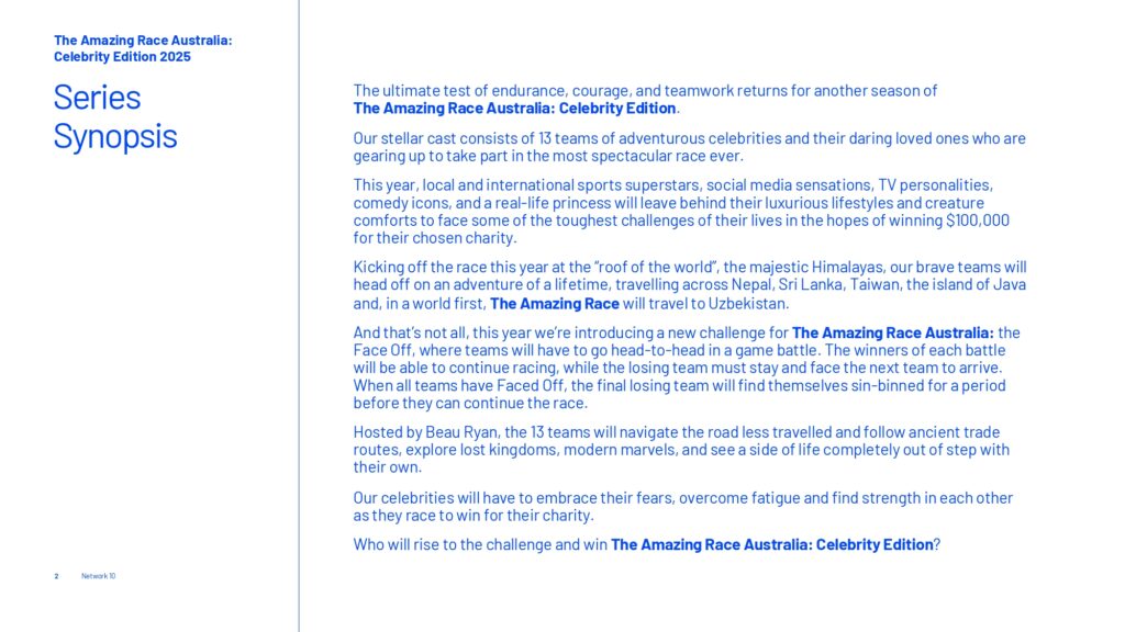 The Amazing Race Australia: Celebrity Edition on 10 premieres 8 September