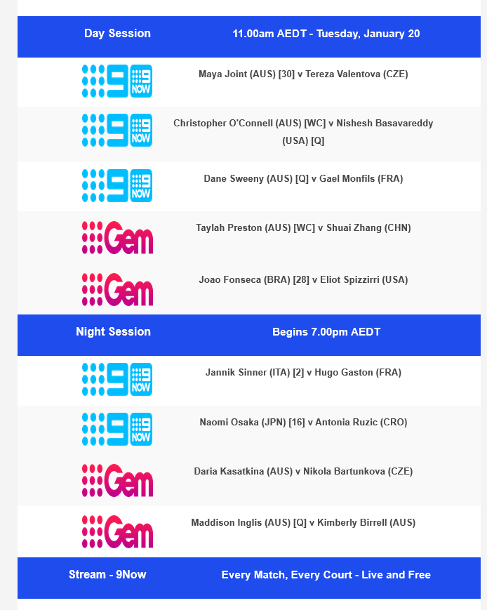 Australian Open on Channel 9 Day 3 Fixture