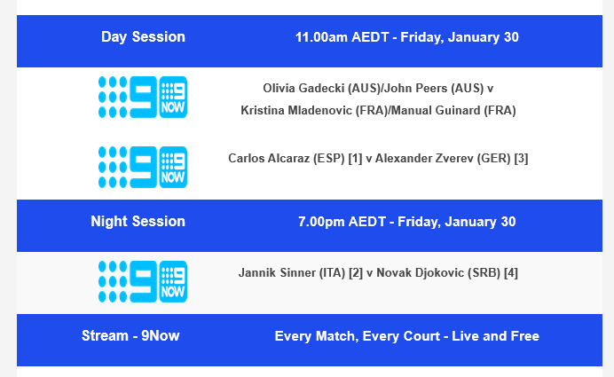 Australian Open on Channel 9 Day 13 Fixture