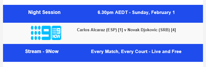 Australian Open on Channel 9 Day 15 Fixture