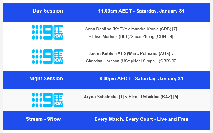 Australian Open on Channel 9 Day 14 Fixture