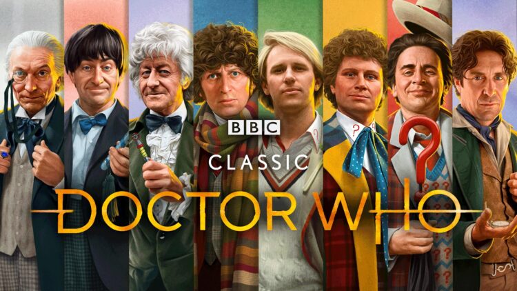 Promotional artwork featuring the classic Doctors from Doctor Who, now streaming on BritBox Australia.