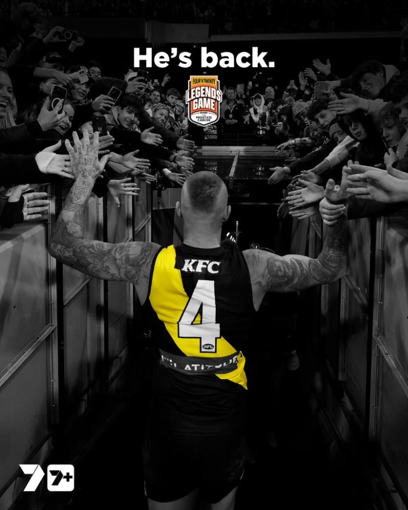 Dustin Martin announced as Victoria's first draft pick for the 2026 Legends Game on Channel 7.