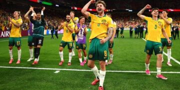 The Socceroos celebrate their victory over Türkiye at the FIFA World Cup 2026