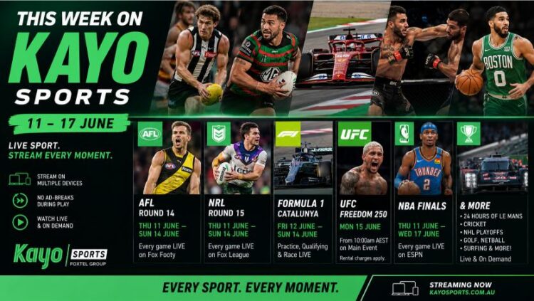 Promotional artwork highlighting the major sporting events streaming on Kayo Sports this week.