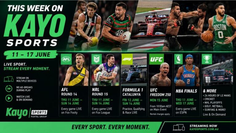 Promotional artwork highlighting the major sporting events streaming on Kayo Sports this week.