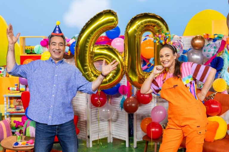 Play School presenters celebrate the programme's 60th anniversary alongside giant gold number 60 balloons.