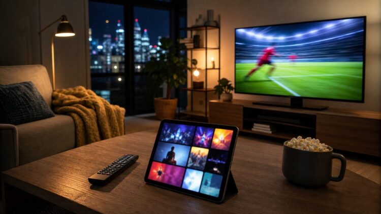 A living room streaming setup representing the 7plus August 2026 streaming guide.