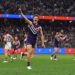 Fremantle player celebrates during an AFL match at Optus Stadium