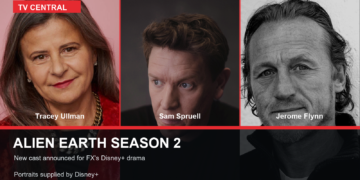 Tracey Ullman, Sam Spruell and Jerome Flynn pictured for Alien Earth season 2 on Disney+.