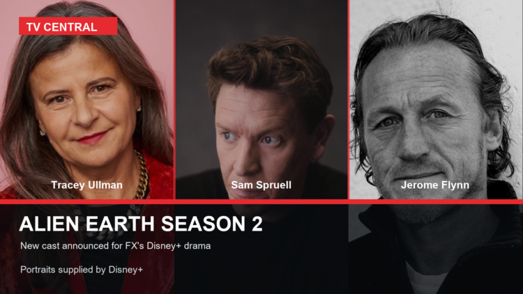 Tracey Ullman, Sam Spruell and Jerome Flynn pictured for Alien Earth season 2 on Disney+.
