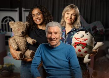 Miah Madden, Don Spencer and Justine Clarke with Play School toys in Australian Story Child’s Play