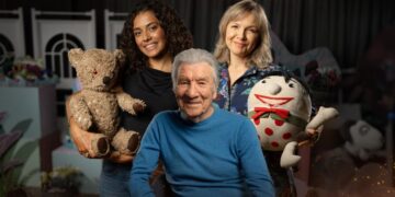 Miah Madden, Don Spencer and Justine Clarke with Play School toys in Australian Story Child’s Play