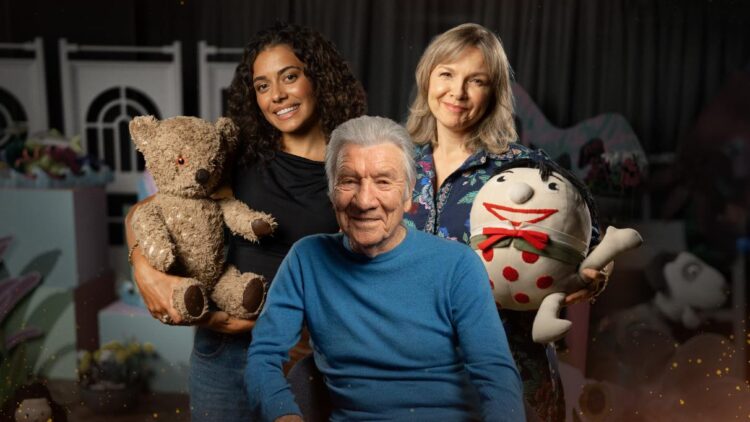 Miah Madden, Don Spencer and Justine Clarke with Play School toys in Australian Story Child’s Play
