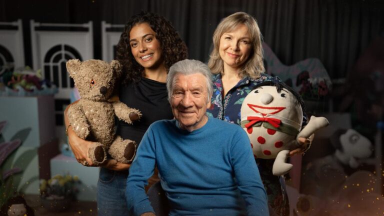 Miah Madden, Don Spencer and Justine Clarke with Play School toys in Australian Story Child’s Play