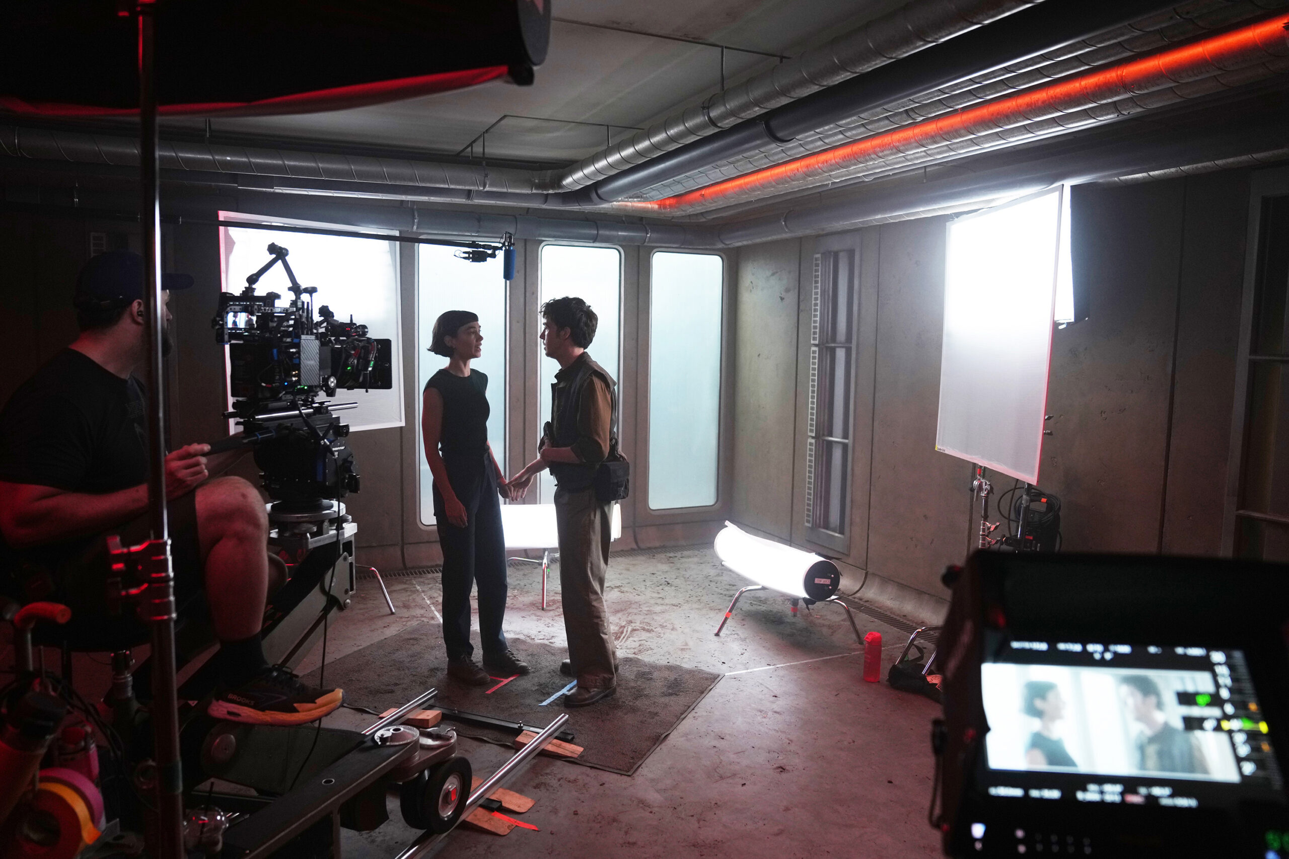 Sydney Chandler and Alex Lawther on the set of Alien Earth season 2.
