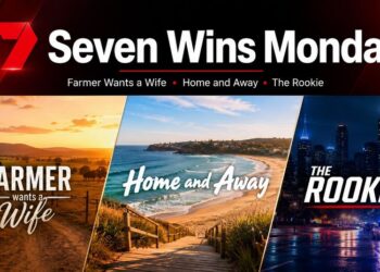Seven Wins Monday graphic featuring rural farm, beach and city scenes representing Farmer Wants A Wife, Home and Away and The Rookie.