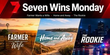 Seven Wins Monday graphic featuring rural farm, beach and city scenes representing Farmer Wants A Wife, Home and Away and The Rookie.