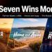 Seven Wins Monday graphic featuring rural farm, beach and city scenes representing Farmer Wants A Wife, Home and Away and The Rookie.