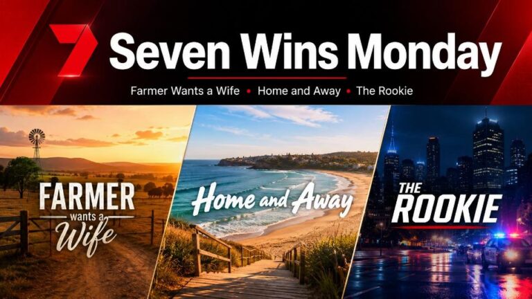 Seven Wins Monday graphic featuring rural farm, beach and city scenes representing Farmer Wants A Wife, Home and Away and The Rookie.