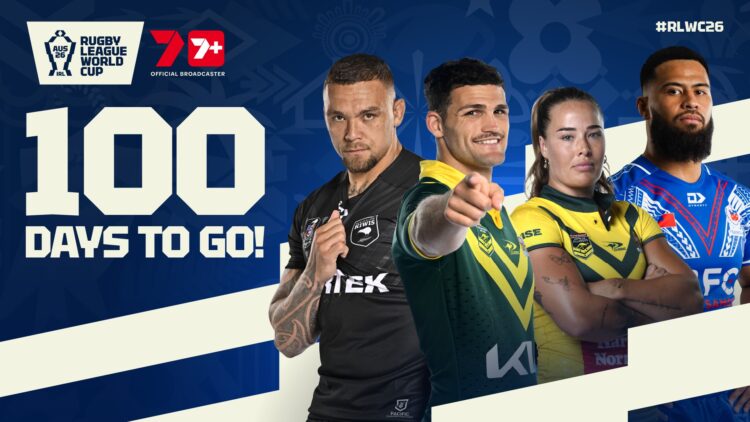 Rugby League World Cup 2026 100 days to go promotional image for Seven and 7plus Sport