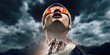 The Tour de France 2026 promotional image featuring cyclists racing beneath storm clouds.