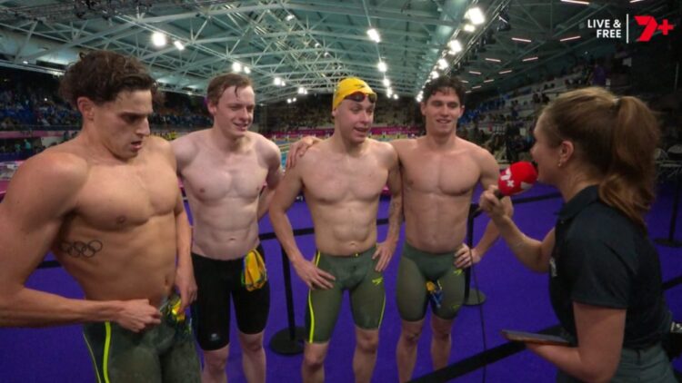 Australia's men's 4x200m freestyle relay team after winning gold at Glasgow 2026.