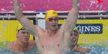 Cam McEvoy, Flynn Southam and Jamie Jack after Australia's Glasgow 2026 men's 50m freestyle podium sweep.