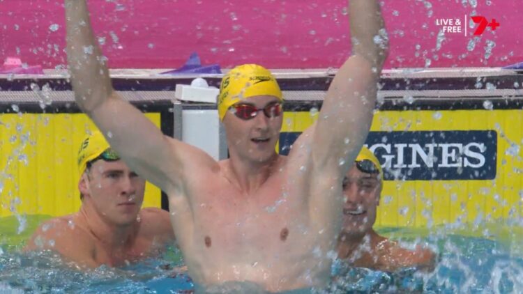 Cam McEvoy, Flynn Southam and Jamie Jack after Australia's Glasgow 2026 men's 50m freestyle podium sweep.