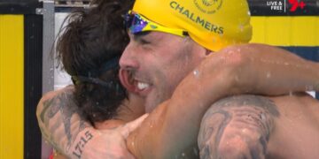 Kyle Chalmers and Ben Armbruster after tying for gold in the men's 50m butterfly at Glasgow 2026.