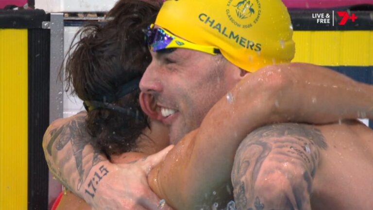Kyle Chalmers and Ben Armbruster after tying for gold in the men's 50m butterfly at Glasgow 2026.