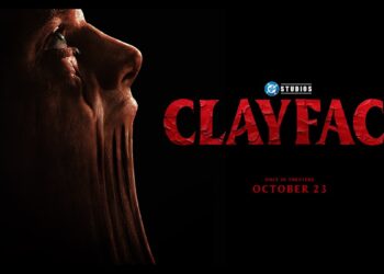 Official Clayface key art showing the DC Studios title treatment and a distorted face