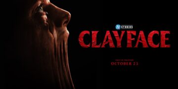 Official Clayface key art showing the DC Studios title treatment and a distorted face