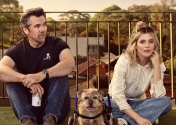 Patrick Brammall, Harriet Dyer and Colin in Colin from Accounts final season artwork for BINGE