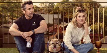 Patrick Brammall, Harriet Dyer and Colin in Colin from Accounts final season artwork for BINGE