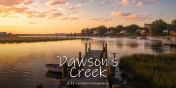 A coastal creek and dock scene with handwritten Dawson's Creek title text for a TV Central retrospective