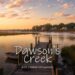 A coastal creek and dock scene with handwritten Dawson's Creek title text for a TV Central retrospective