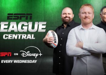 ESPN League Central promotional artwork featuring James Graham, Shane Flanagan and Rugby League Guru.