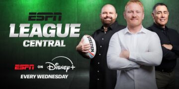 ESPN League Central promotional artwork featuring James Graham, Shane Flanagan and Rugby League Guru.