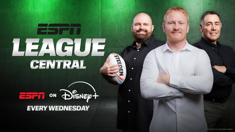ESPN League Central promotional artwork featuring James Graham, Shane Flanagan and Rugby League Guru.