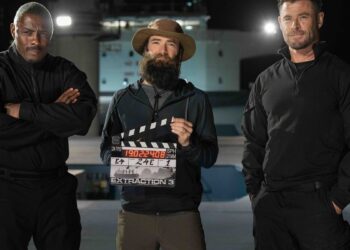 Chris Hemsworth, Idris Elba and Golshifteh Farahani in an official image for Extraction 3.